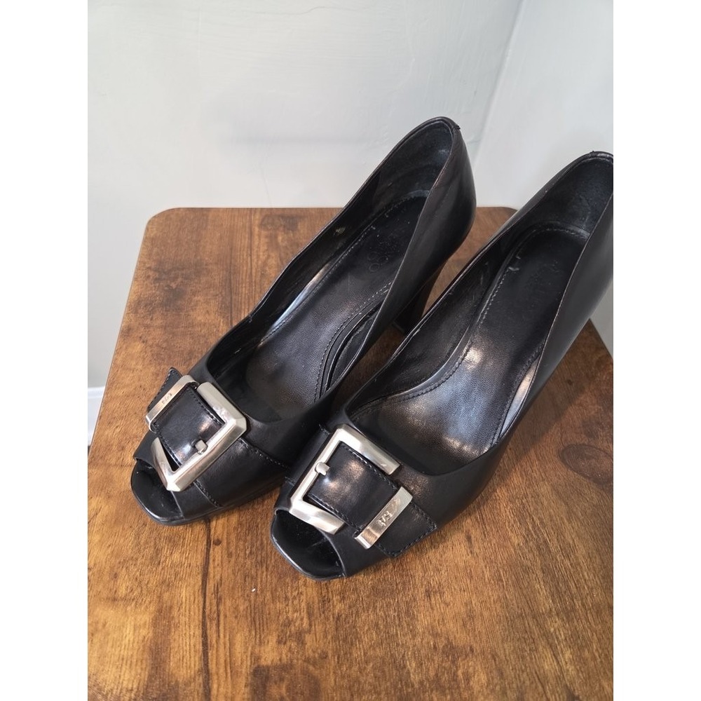 Franco‎ Sarto Womens 7 Black Leather Peep Toe Pumps Silver Buckle Block Heel